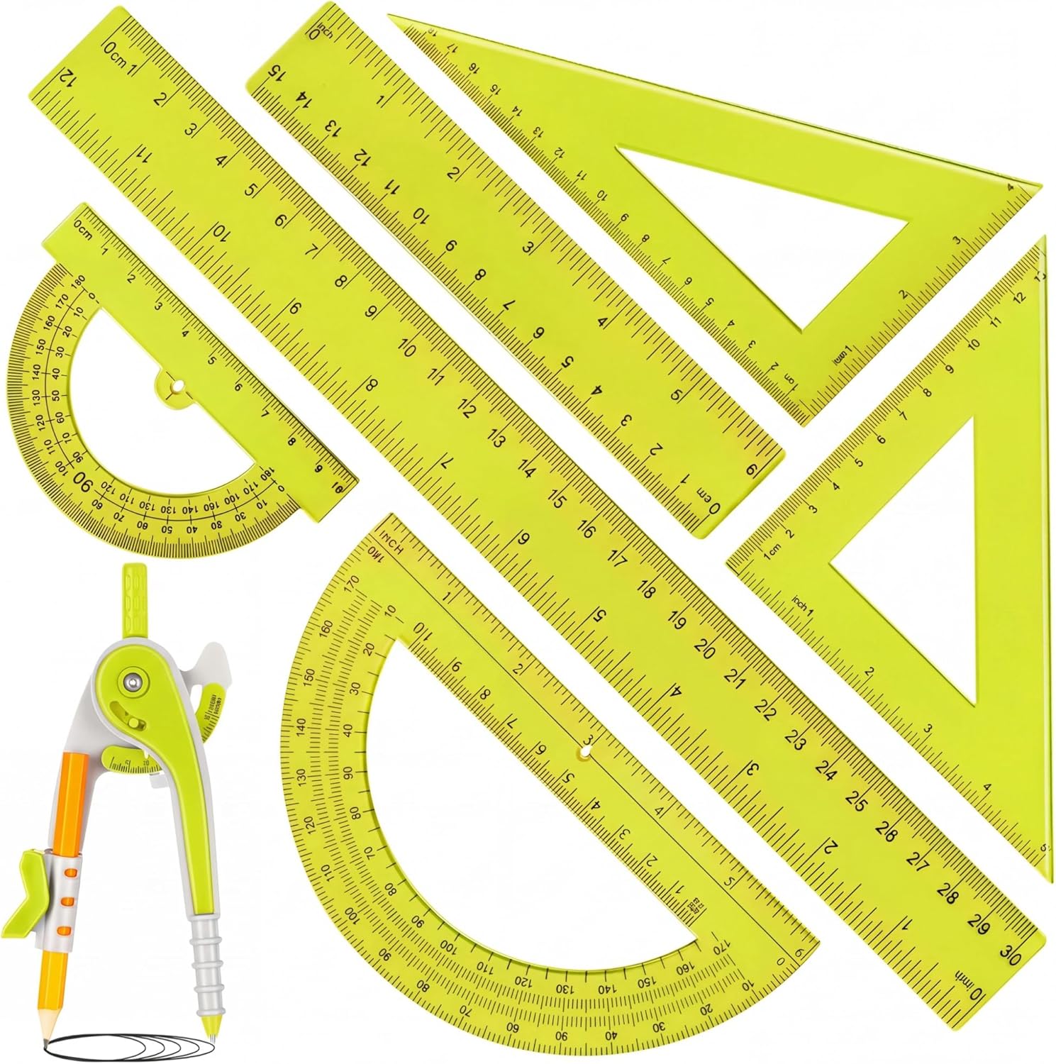 Ruler Set Transparent - 7 Pcs Geometry Math Set with